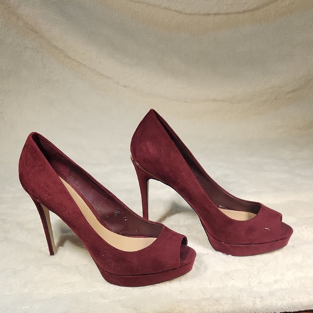 Aldo Burgundy Suede Peep-Toe Heels